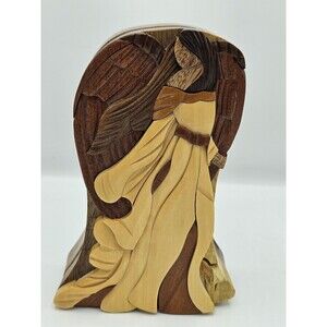 Handcrafted carved inlay angel wood puzzle trinket box stash